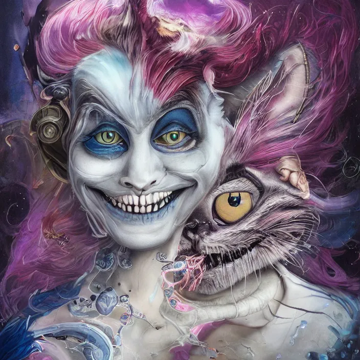 Image similar to dream portrait of Cheshire Cat from Alice in Wonderland,full character, melting ,8k,by tristan eaton,Stanley Artgermm,Tom Bagshaw,Greg Rutkowski,Carne Griffiths, Ayami Kojima, Beksinski, Giger,trending on DeviantArt,face enhance,hyper detailed,minimalist,cybernetic, android, blade runner,full of colour