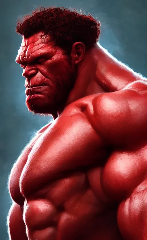 Image similar to Portrait of a Red Hulk, male, detailed face, fantasy, highly detailed, cinematic lighting, digital art painting by greg rutkowski
