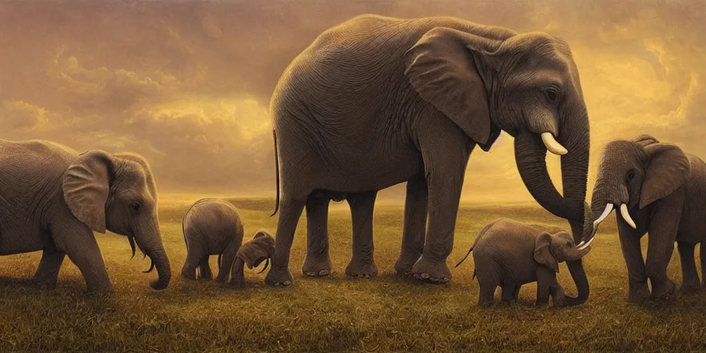 Image similar to two adult elephants comfort a baby elephant, only three elephants, rich golden hour, savannah, illustration, detailed, smooth, soft, warm, by Adolf Lachman, Shaun Tan, Surrealism