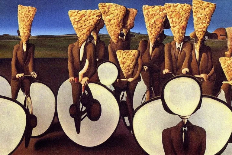 Image similar to a surrealist painting of people riding bikes with baguettes on their heads, Dali, Magritte