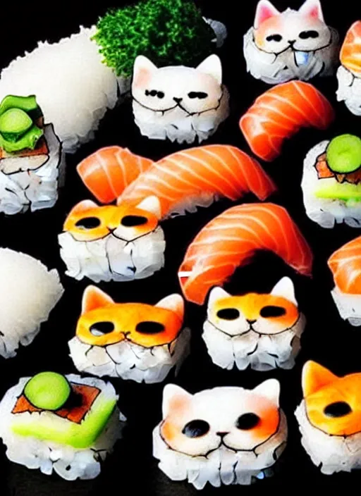 Image similar to clear photorealistic picture of adorable cats made out of sushi