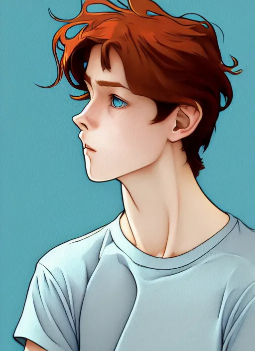 Image similar to art nouveau portrait of a teen boy with completely straight auburn hair, light blue eyes, pale skin, freckles, sad expression, t - shirt, modern casual clothing, natural lighting, path traced, highly detailed, high quality, cartoon, digital painting, by don bluth and ross tran and studio ghibli and alphonse mucha