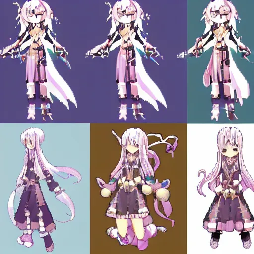 Prompt: pixel art madoka magika boho cute beautiful druid girl spritesheet mystical anime character design full body, scarf, detailed, realistic proportions