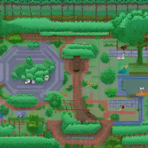 Prompt: a map of a park with a pond and trees, a screenshot by senior environment artist, reddit contest winner, pixel art, # screenshotsaturday, # pixelart, 2 d game art