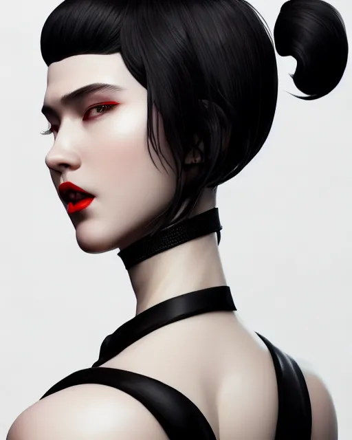 Prompt: side view of torso of pale skin beauty, scandinavian, finnish, black hair, red lips, paint by ilya kuvshinov and ross tran and karol bak and stanley lau and anna dittmann and artgerm and xiaoguang sun and tian zi