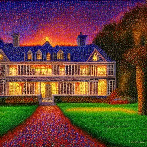 Image similar to Pointillism Painting of a Victorian manor at dusk soft glow HDR