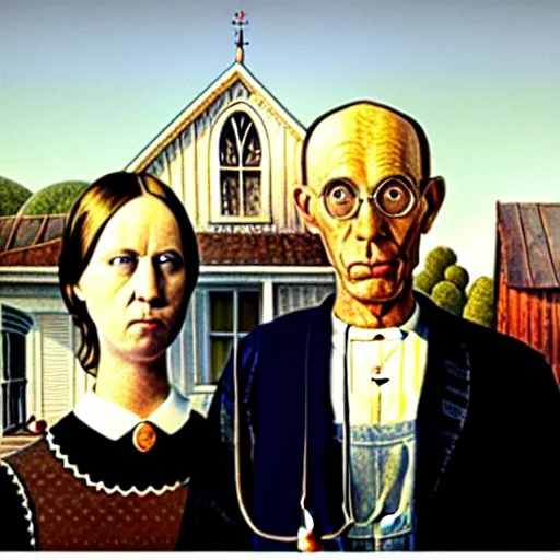 Image similar to a painting by grant wood of an astronaut couple, american gothic style