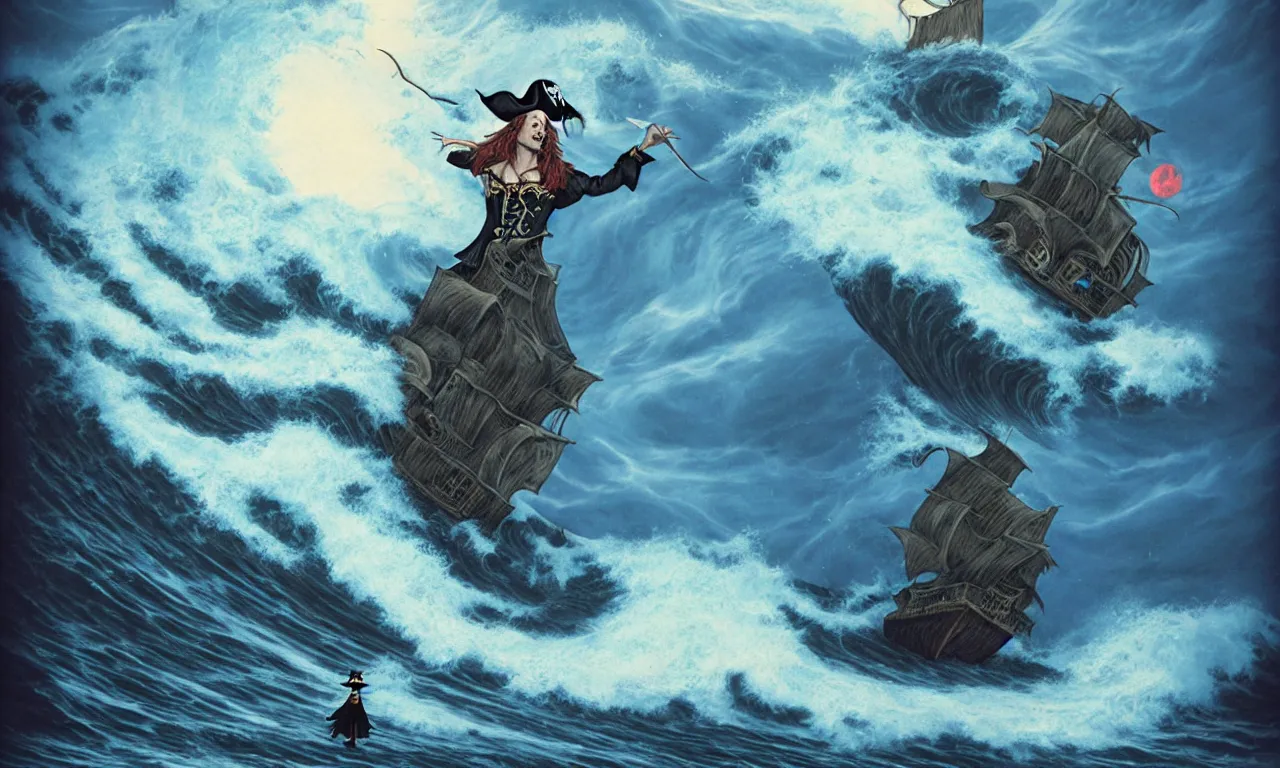 Image similar to a pirate witch summoning a giant wave aboard a ghost ship by olivia de berardinis and zoe mozert and mark arian and harry ekman and gregory crewsdon