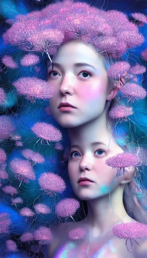 Image similar to hyper detailed 3d render like a Oil painting - kawaii portrait Aurora (Singer) seen Eating of the Strangling network of prussian blue and aerochrome and milky Fruit and Her delicate Hands hold of gossamer polyp blossoms bring iridescent fungal flowers whose spores black the foolish stars by Jacek Yerka, Mariusz Lewandowski, Houdini algorithmic generative render, Abstract brush strokes, Masterpiece, Edward Hopper and James Gilleard, Zdzislaw Beksinski, Mark Ryden, Wolfgang Lettl, hints of Yayoi Kasuma, octane render, 8k