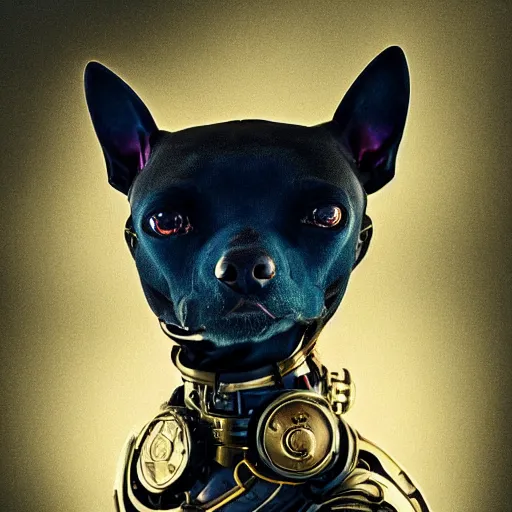 Prompt: a beautiful ultradetailed fine art photo of an ancient aztec hairless cybernetic cyborg dog set against galactic space, by tom bagshaw and anna dittman, portrait, soft backlighting, robotic arch around the dog, 5 0 mm lens, golden ratio composition, detailed faces, studio lighting, very detailed, industrial mechanical robot dogs, artstation, 8 k, highly coherent
