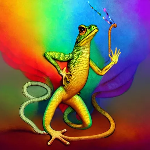 Prompt: toad with wings and rainbow snake and golden lizard, dance, dance, artstation, concept art, master illustration, details, good clear quality, fun - w 704
