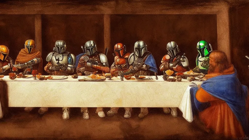 Prompt: mandalorian last supper, by leonardo davinci, concept art, oil painting, art station