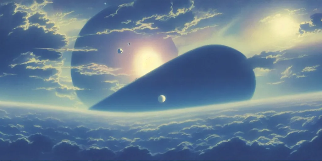 Image similar to blue dreamy cloudscape with a single planet in the clouds, daylight, cinematic lighting, cinematic perspective, syd mead, john harris, federico pelat,