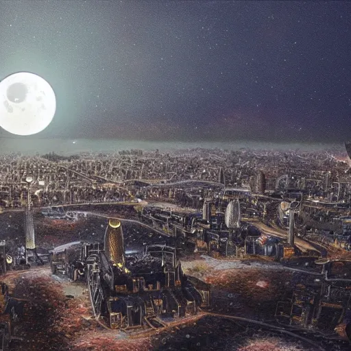 Prompt: a beautiful highly detailed rendering of a lunar eclipse city