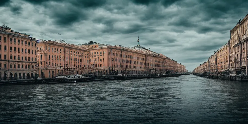 Image similar to cinematic street shot of a floating saint petersburg city, telephoto, anamorphic cinematography, beautiful composition, color theory, leading lines, photorealistic, moody volumetric lighting