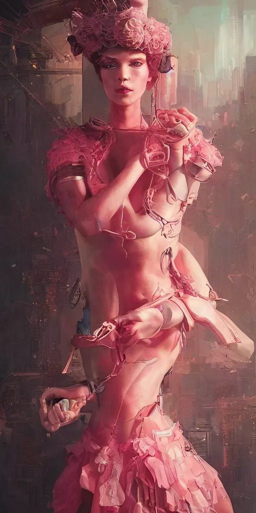 Prompt: a beautiful hyperrealistic portrait pose of a stunning Cyberpunk burlesque model in a pink-and-orange dress, intricate, elegant, highly detailed, smooth, sharp focus, award-winning, masterpiece, in the style of Tom Bagshaw, Cedric Peyravernay, Peter Mohrbacher