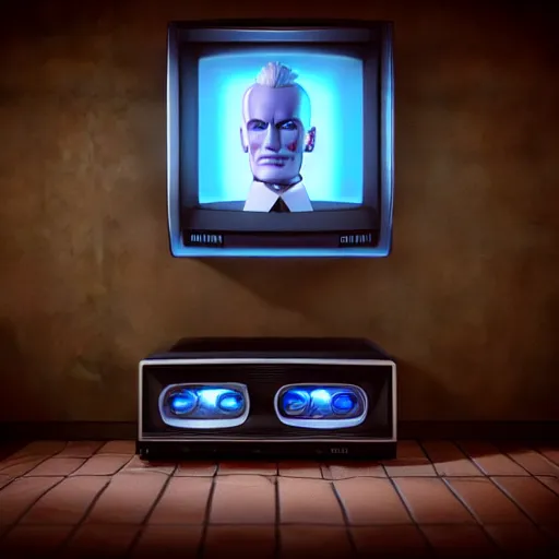 Prompt: a hyperrealistic 3 d render of max headroom on a vintage tv, octane render, unreal engine, 8 k, trending on cgsociety, volumetric lighting, dramatic lighting, lasers, neon