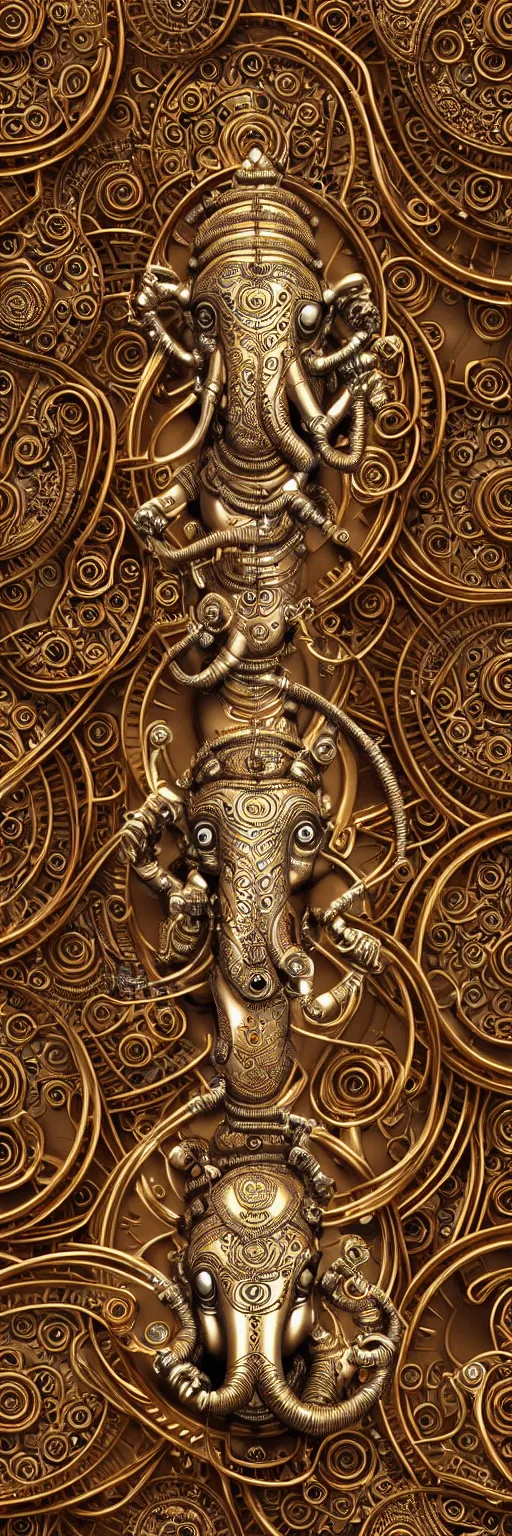 Image similar to seamless pattern of steampunk cybernetic biomechanical hindu god ganesha, 3 d model, very coherent symmetrical artwork, unreal engine realistic render, 8 k, micro detail, gold white plastic and steel intricate, elegant, highly detailed, digital painting, artstation, smooth, sharp focus, illustration, artgerm, tomasz alen kopera, wlop