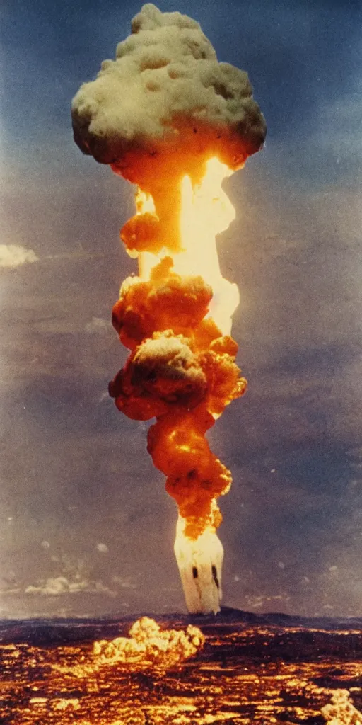 Image similar to a highly detailed and stunning autochrome photograph of an atomic bomb explosion with mushroom cloud, 8K
