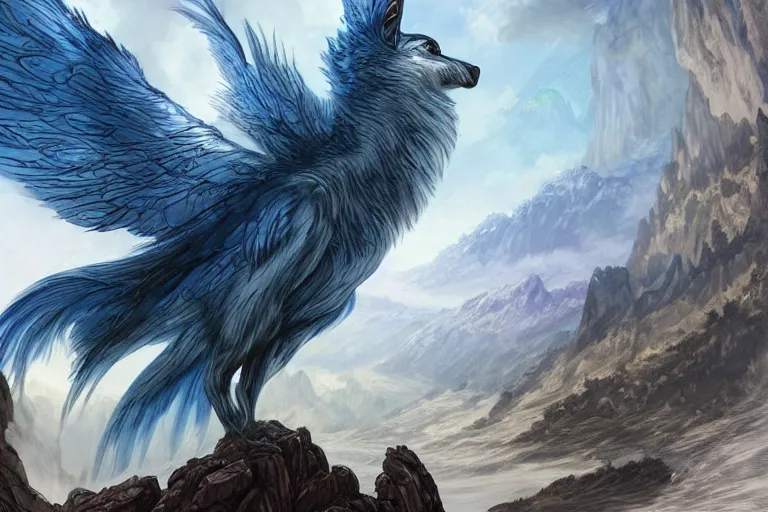 Prompt: Blue feathered wolf with wings on a beautiful fantasy landscape, hills, mountains, moonlit, HD, illustration, epic, D&D, fantasy, intricate, elegant, highly detailed, digital painting, artstation, concept art, smooth, sharp focus, illustration, art by artgerm and greg rutkowski and alphonse mucha and jin xiaodi and anthony devine and yigit korogly