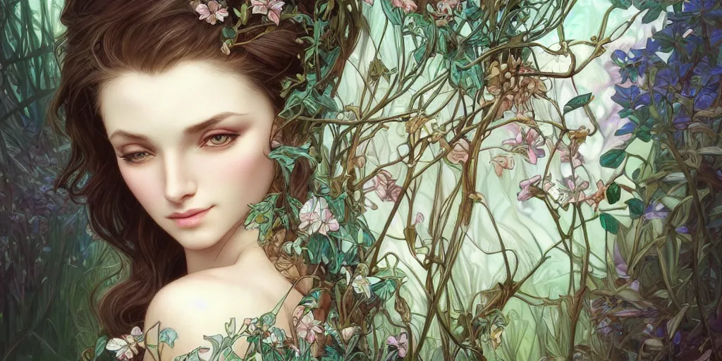 Image similar to a photograpic of lady nature, cute, fantasy, intricate, elegant, highly detailed, digital painting, artstation, concept art, smooth, sharp focus, illustration, art by artgerm and H R Giger and alphonse mucha