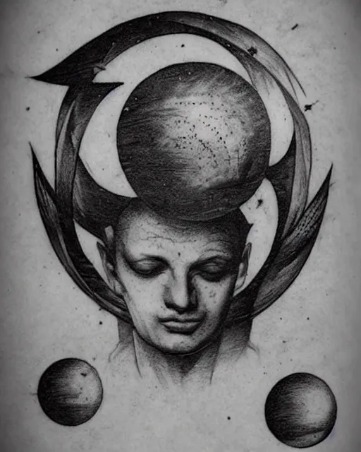 Image similar to planets on the top of a broken renaissance head statue, realism tattoo design, in the style of sivak