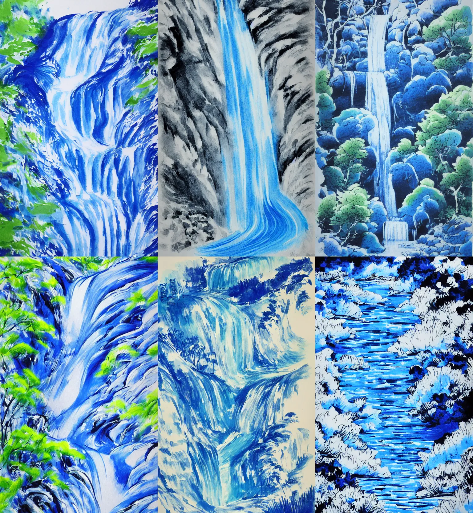 Image similar to an endless waterfall, blue colour splash, painted with a thin brush, detailed sumi-e illustration