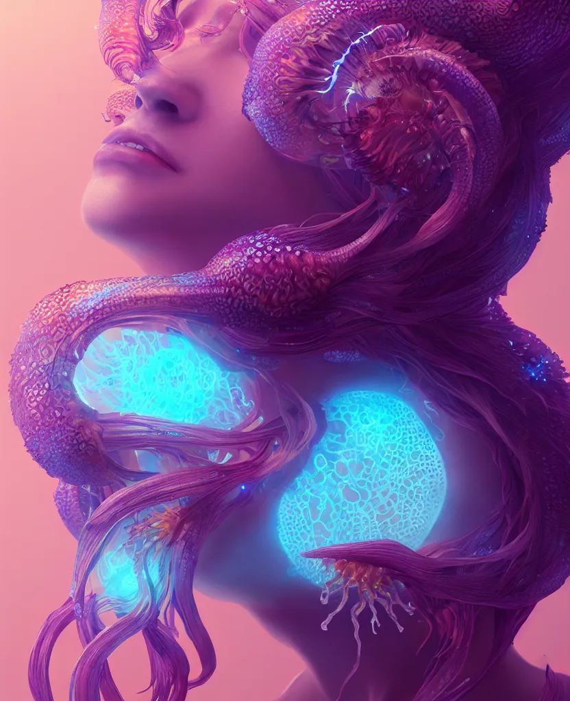 Image similar to goddess close-up portrait. orchid jellyfish phoenix head, nautilus, skull, betta fish, bioluminiscent creatures, intricate artwork by Tooth Wu and wlop and beeple. octane render, trending on artstation, greg rutkowski very coherent symmetrical artwork. cinematic, hyper realism, high detail, octane render, 8k