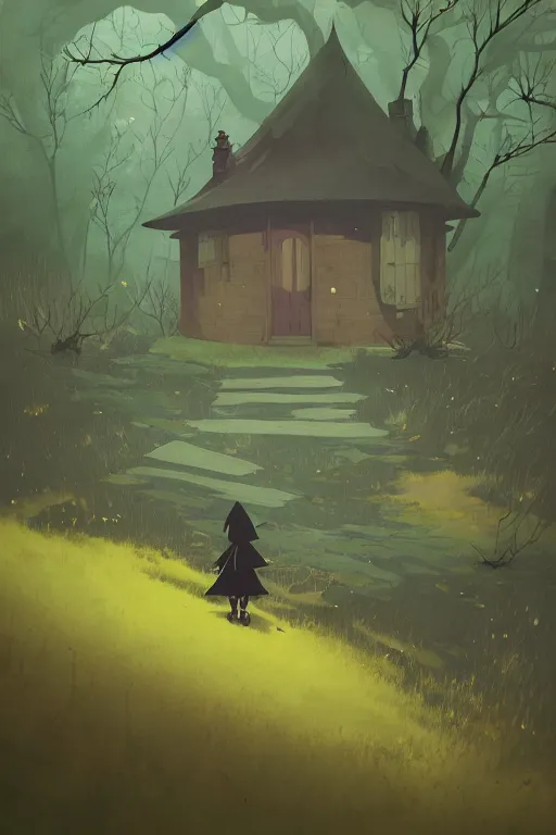 Image similar to a scary lonely witch's hut in the forest a lot of crows circling from above the view at the foot rule of thirds golden ratio, fake detail, trending pixiv fanbox, acrylic palette knife, style of makoto shinkai studio ghibli genshin impact james gilleard greg rutkowski chiho aoshima