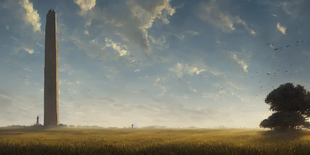 Prompt: wide shot of a tall and thin monolithic structure hovering in the air high above a cornfield, late afternoon, golden hour, highly detailed, smooth, sharp focus, concept art by greg rutkowski and ruan jia
