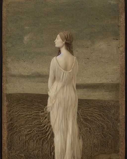 Prompt: a young woman standing by the sea, long hair, made of intricate decorative lace leaf skeleton, in the style of the dutch masters and gregory crewdson, dark and moody