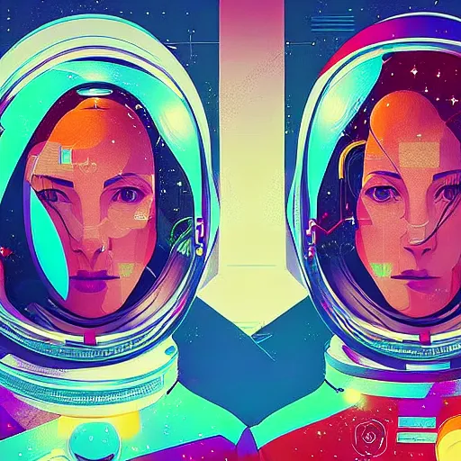 Prompt: portrait of two astronaut girls in tight chromatic suit by Petros Afshar and Beeple, highly detailed