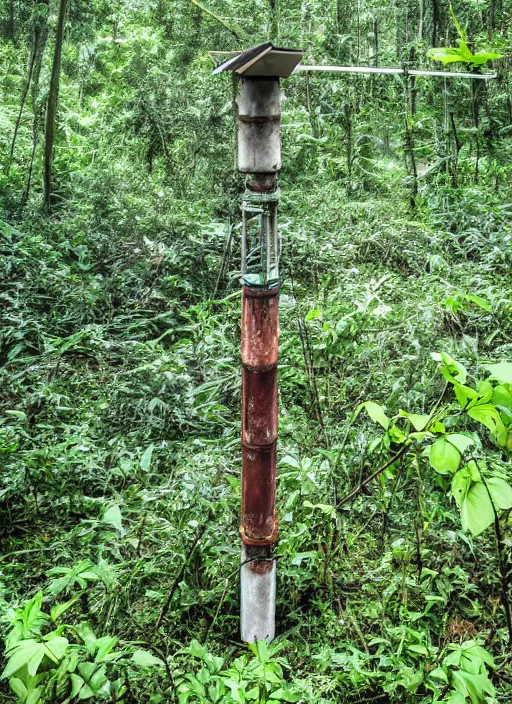 Prompt: an abandoned antenna in a jungle