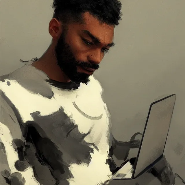 Prompt: a lightskinned black man with short hair, shaved beard, using a macbook, portrait, elegant, intricate, digital painting, artstation, concept art, smooth, sharp focus, illustration, art by konstantin korovin and daniel f. gerhartz and john howe