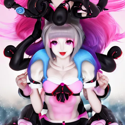 Image similar to trapped beneath stunningly absurdly beautiful omnipotent asi goddess junko enoshima with multiple twisted megalomaniacal mesmerizing personalities, symmetrical perfect face, porcelain skin, pink twintail hair and cyan eyes, ultra detailed, digital art, unreal engine 5, octane render, 2 d anime, 8 k