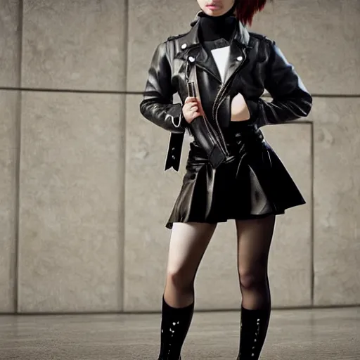 Image similar to a dynamic, epic cinematic 8K HD movie shot of a japanese young J-Pop idol girl wearing leather jacket, miniskirt, nylon tights and high heels boots. Motion, VFX, Inspirational arthouse