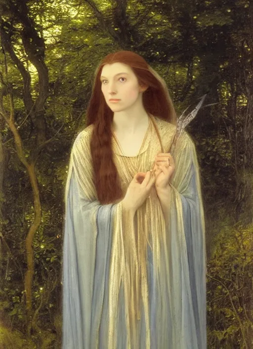 Prompt: a portrait of galadriel in lothlorien, by thomas cooper gotch and simeon solomon