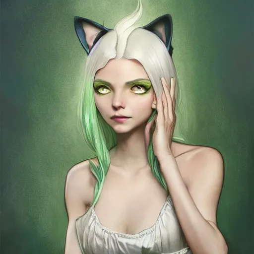 Image similar to ultra realistic illustration, dream girl with white hair, with light green eyes, with cat ears, in a sundress, intricate, elegant, highly detailed, digital painting, artstation, concept art, smooth, sharp focus, illustration, art by artgerm and greg rutkowski and alphonse mucha