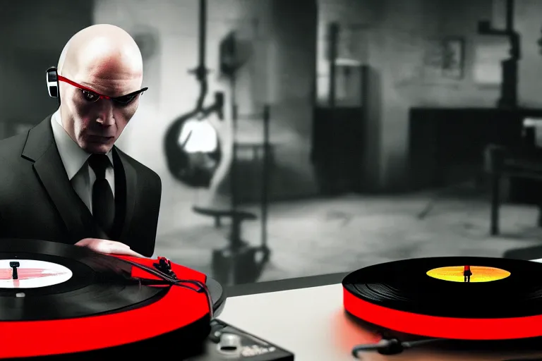 Prompt: a portrait of agent 4 7 from hitman wearing headphones and putting a vinyl record onto a turntable, dark background, red rim light, digita, l