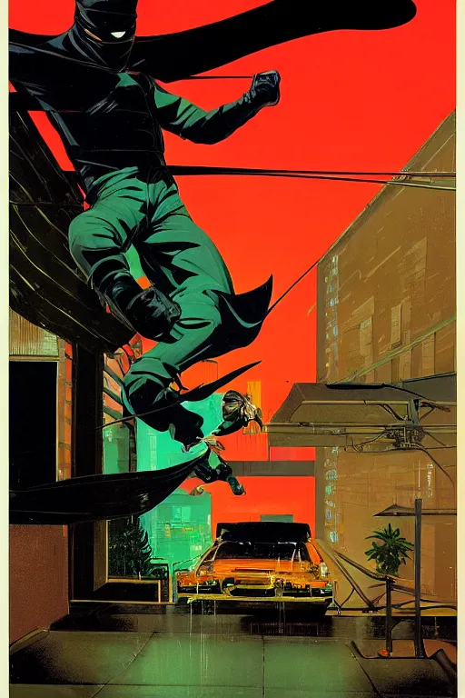 Image similar to a ninja jumping from the roof on a rainy night by syd mead, boneface, kevin eastman