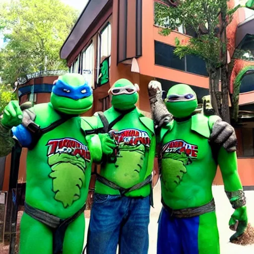 Prompt: teenage ninja mutant turtles wearing a jurassic park jersey