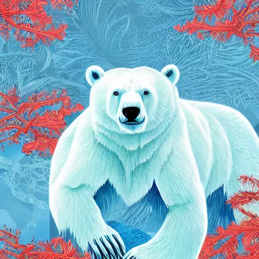 Image similar to blue paper + an intricate polar bear depiction + elaborate red illustration, very detailed, deviantart, 8 k vertical wallpaper, tropical, colorful, airy, anime illustration, anime nature