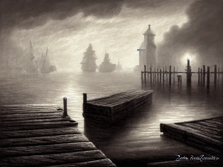 Image similar to a forgotten wharf on a cold sea by zacharias aagaard and rob gonsalves and julie bell and ruth deckard and hubert robert, crisp details, hyperrealism, high contrast, low light, bokeh, short focal length, desaturated, grey mist, cobblestones, orange candle flames