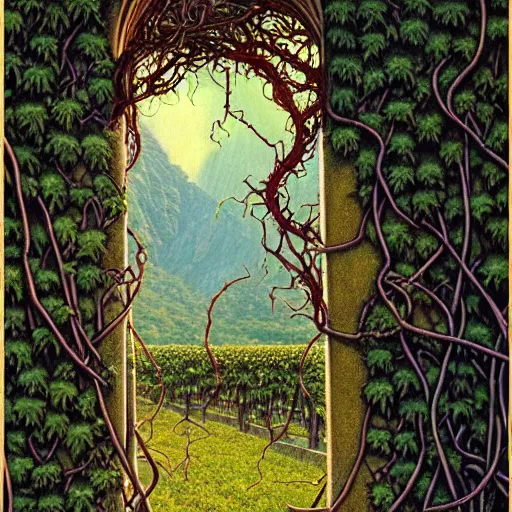 Image similar to Fantasy illustration by Clyde Caldwell Black, thorned ivy covers the walls for thirty feet east of the temple’s doorway. The vines snarl and twist, grasping at the air, as if searching for prey.