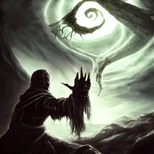 Image similar to A warlock casting an evil spell, dark fantasy, destruction, elden ring, dark souls, realistic, digital art, trending on artstation