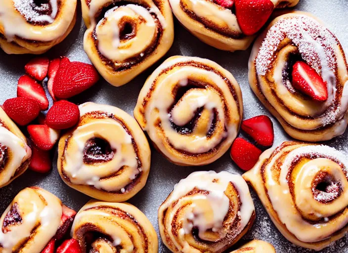 Image similar to sugary hot cinnamon rolls with extra glaze, strawberries, sprinkles, and dollar bills, professional food photography, studio lighting, plating