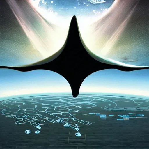 Prompt: an extremely intricate sci-fi world of the future, manta rays flying in the sky, advance civilization, utopian