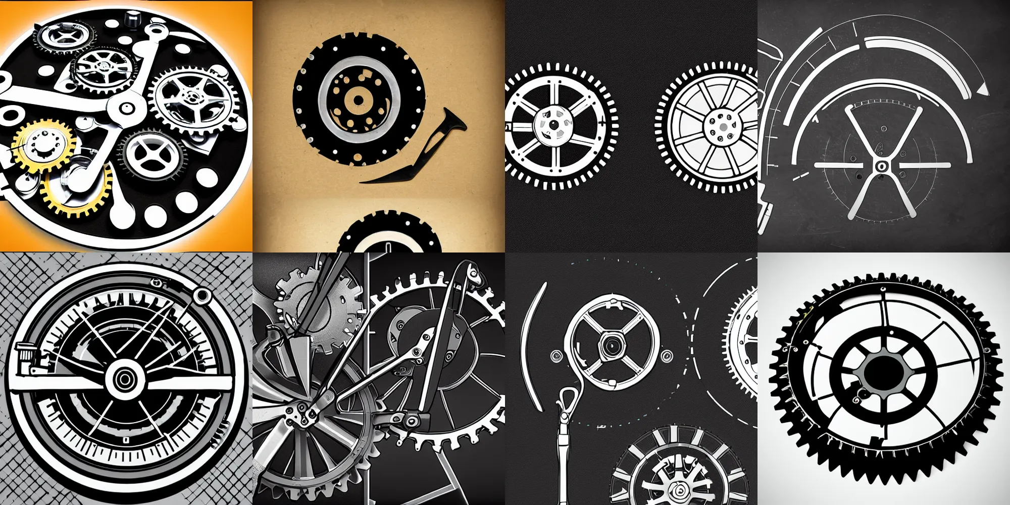 Prompt: A smarthpone where the left half is broken and the right half is repaired, depicted next to a cog wheel and a wrench, black logo art