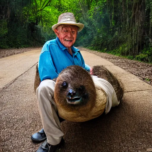 Prompt: portrait of an elderly man riding a sloth, canon eos r 3, f / 1. 4, iso 2 0 0, 1 / 1 6 0 s, 8 k, raw, unedited, symmetrical balance, wide angle