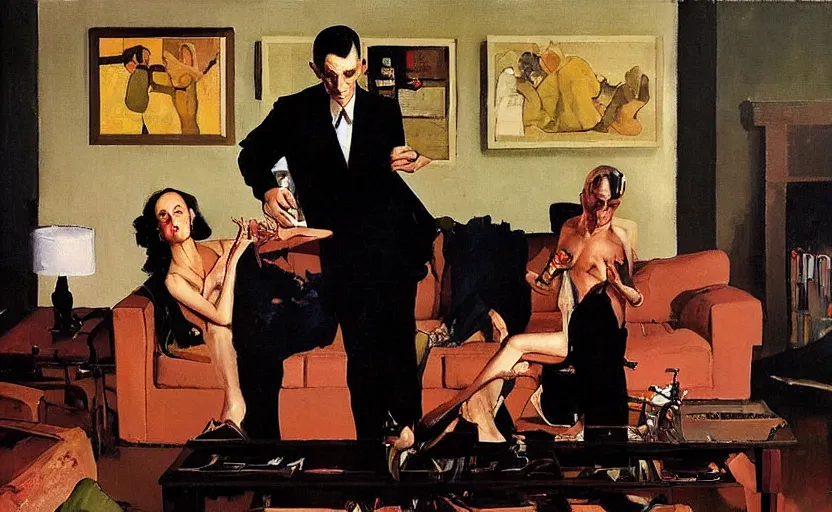 Image similar to a thin man falls over whilst his wife stands on a coffee table in a dark living room, painted by phil hale and rick berry and norman rockwell and dean cornwell and tom lowell, highly detailed